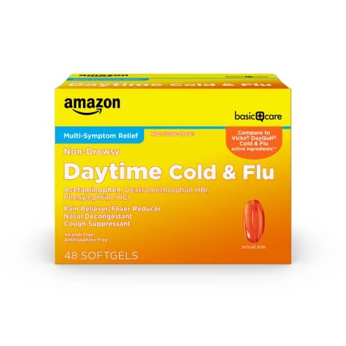 Amazon Basic Care Daytime Cold & Flu Liquid Caps; Co… — Orange