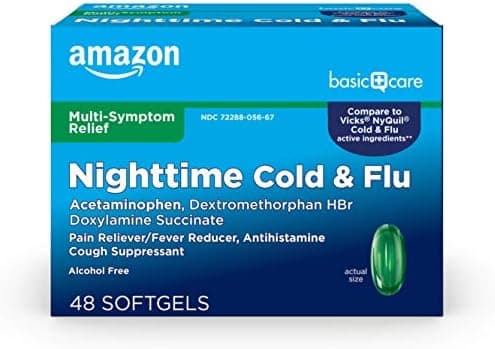 Amazon Basic Care Nighttime Cold & Flu Relief, Pain Reliever