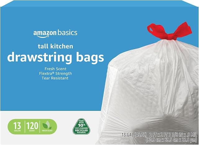Amazon Basics 13 Gallon Tall Kitchen Drawstring Trash Bags