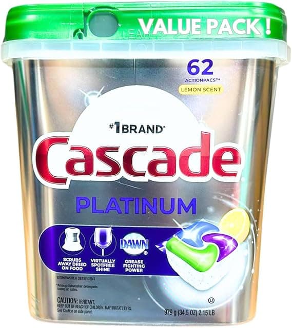 Cascade Platinum Dishwasher Pods, Lemon Scent, 62 Count