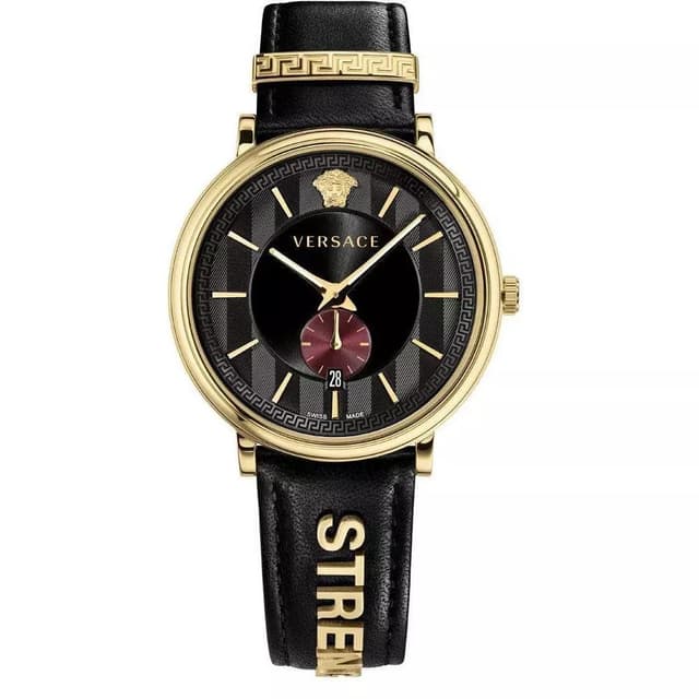 Versace VBQ050017 V-Circle 42mm Gold Tone Black Leather Strap…