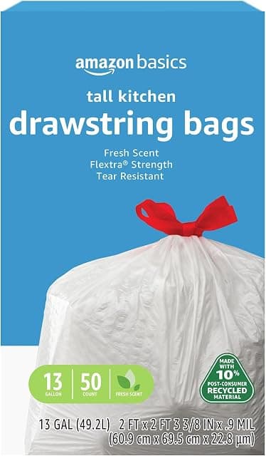 Amazon Basics 13 Gallon Tall Kitchen Drawstring Trash Bags
