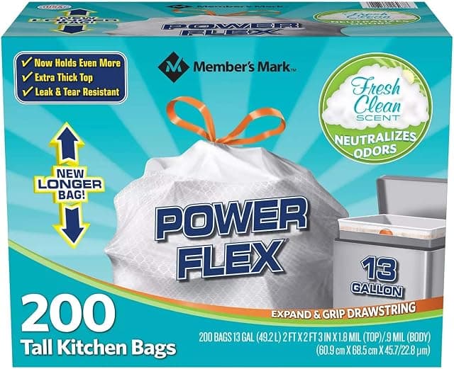 Member's Mark Power Flex Tall Kitchen Drawstring Trash Bags…